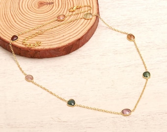 Multi Tourmaline Gemstone Oval Shape Gem 925 Silver Necklace October Birthstone Daily Wear Jewelry