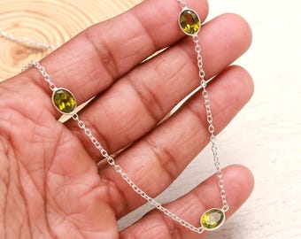 Green Peridot Gemstone 925 Silver Necklace Faceted Oval Cut August Birthstone Jewelry