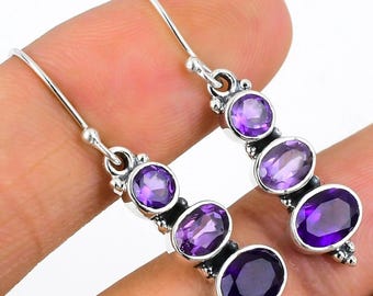Amethyst Earrings Three Stone Oval Shape Gemstone Dangle