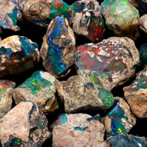 A close-up of rough black opal stones, highlighting raw rock matrix and intense green, blue, and red flashes.