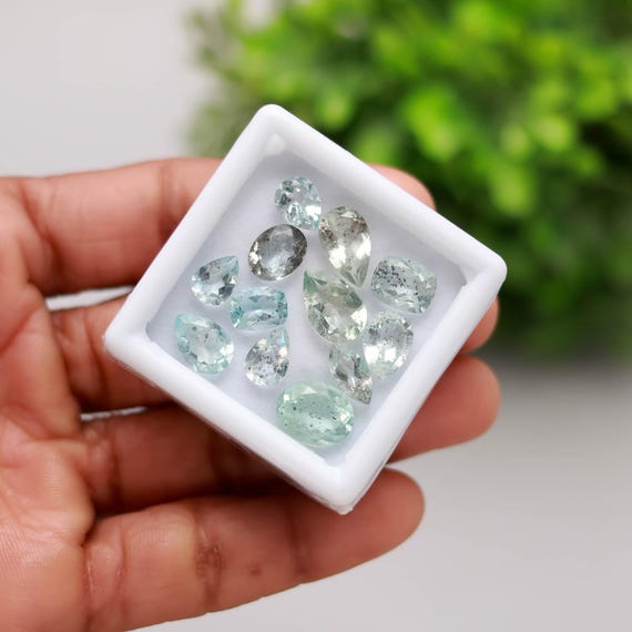 100 Pieces Moss Aquamarine Faceted Gemstone Mix Shape and Size Moss Aquamarine Cut Stone, Natural Blue Color Aquamarine Loose Stone