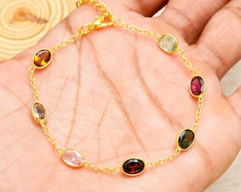 Multi Gemstone Bracelet 925 Sterling Silver Oval Shape Gem Party Wear Jewelry
