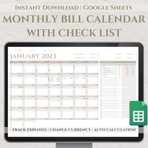 Calendário de contas mensais | Calendário de orçamento com lista de verificação | Rastreador de contas mensais | Modelo do Planilhas Google | Rastreador de despesas | Rastreador Financeiro
