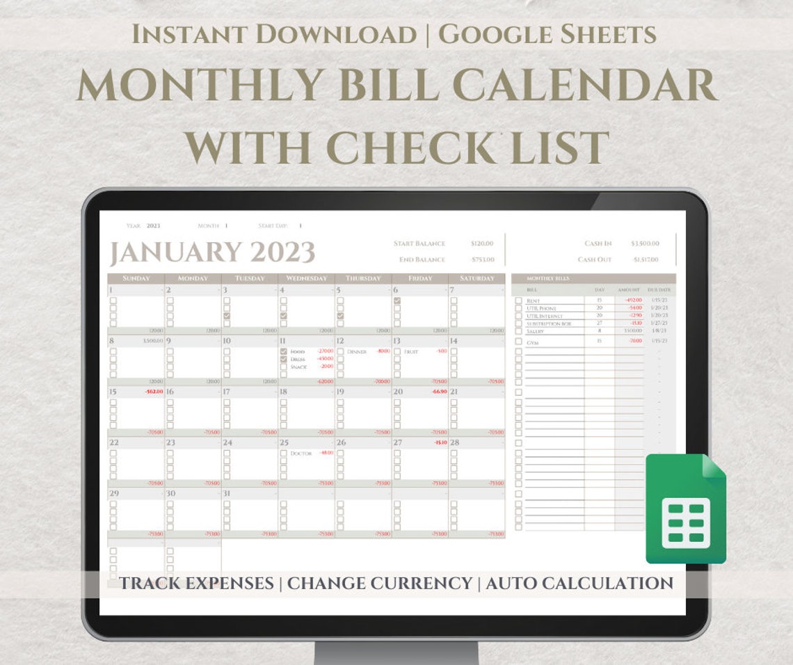 Monthly Bill Calendar Budget Calendar With Check List Etsy Monthly Bill Calendar Budget Calendar With Check List Etsy