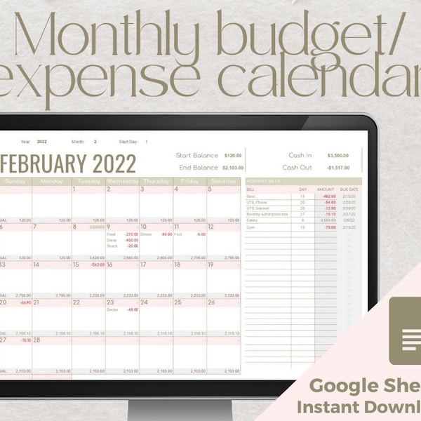 Monthly Budget Calendar | Google Spreadsheet Template | Excel Budget Template | Monthly Bill Tracker |  Expense tracker | Finance Tracker