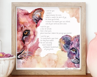 Día del parto, Día de la MADRE, impresión artística giclée. POEMA, ACUARELA PINTADA A MANO, Leona y Lioncub