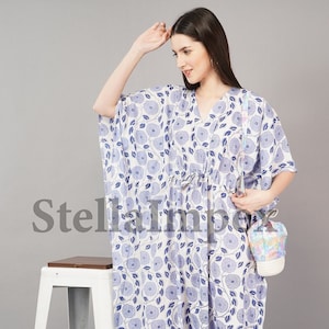 Trendy Cotton Kaftan Elegant White & Blue Floral Long Caftan Resort Wear Beach Dress Boho Kaftan, Gift for Her