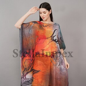 Trendy Georgette Kaftan Elegant Orange & Grau Kurzer Kaftan Resort Wear Strandkleid Boho Kaftan, Geschenk für Sie