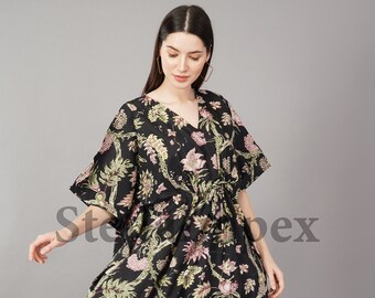 Caftan en coton fait main à la mode élégant noir et rose Floral Long Caftan Resort Wear robe de plage Boho Kaftan, cadeau pour elle