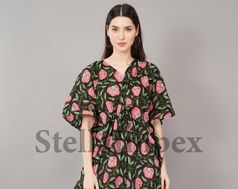 Indian Handprint Cotton Kaftan, Elegant Black & Pink Floral Long Caftan Resort Wear Beach Dress Boho Kaftan, Gift for Her
