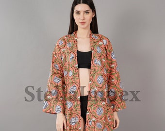 Peach & Blue Hand Block Print Cotton Kimono Robe, Boho Resort Wear