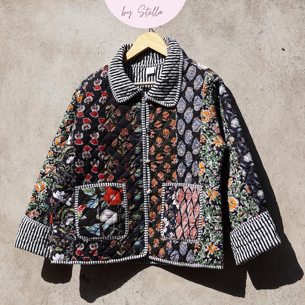 Chaqueta acolchada de patchwork de algodón hecha a mano, abrigo reversible con estampado floral bohemio, kimono vintage Kantha, regalo para ella