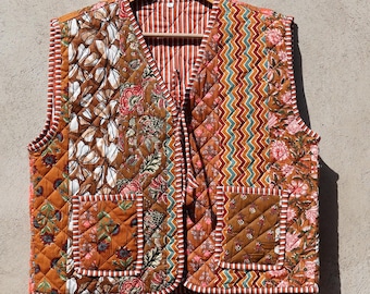 Handmade Cotton Quilted Vest, Vintage Indian Patchwork Kimono Gilet, New Style Women's Outerwear Waistcoat, Boho Spring Jacket Gift for Her