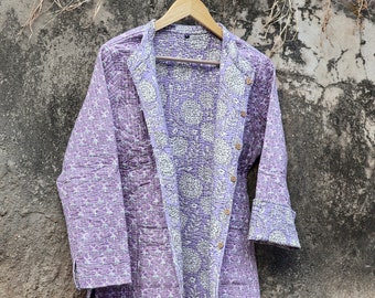 Indian Handmade Quilted Kantha Cotton Fabric Jacket Stylish Purple & White Floral Women's Coat, Reversible Waistcoat for Her