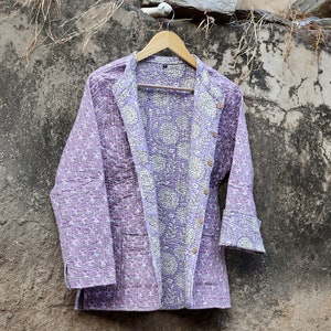 Indian Handmade Quilted Kantha Cotton Fabric Jacket Stylish Purple & White Floral Women's Coat, Reversible Waistcoat for Her