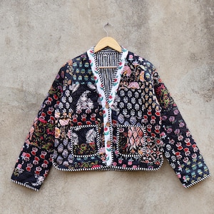 Handmade Indian Cotton Kantha Patchwork Quilted Jacket/Coat Block print Women&#39;s Reversible Clothing Kimono Vintage Spring Gift for Her