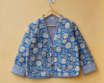 Hand Block Print Cotton Kantha Quilted Jacket, Blue Floral Boho Coat