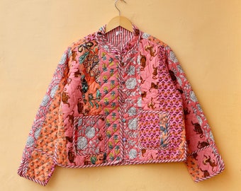 Indian Handmade Patchwork Cotton Quilted Jacket, Vintage Peach New Style Cotton Quilted Jacket, Reversible Women's Boho Coat, Gift for Her