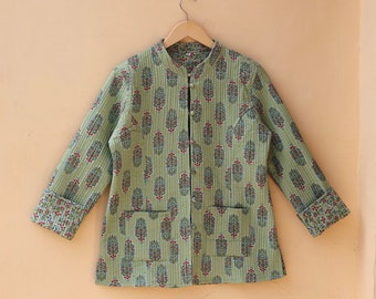 Indian Handmade Quilted Cotton Kantha Jacket Stylish Green Floral Women's Coat, Reversible Waistcoat for Her