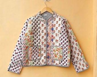 Handcrafted Vintage Kantha Patchwork Quilted Short Jacket – Reversible Boho Floral Cotton Kimono-Style for Women, Unique Gift for Her
