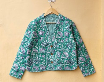 Handmade Kantha Quilted Cotton Jacket, Green Floral Print, Boho Kimono