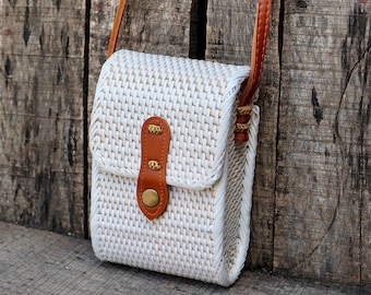 Handwoven Rattan Crossbody Bag, Bohemian Straw Purse