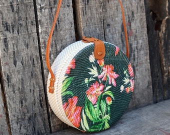 Floral Batik Round Rattan Crossbody Bag, Bali Straw Purse