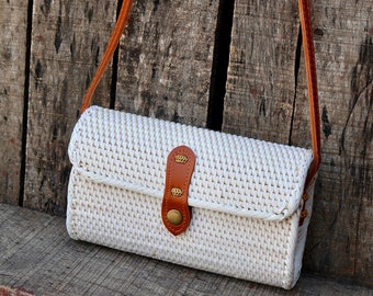 White Rattan Crossbody Bag, Braided Straw Purse, Bohemian Bali Bag