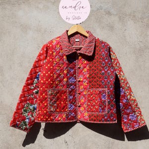 Handcrafted Cotton Quilted Red Patchwork Jacket, Boho Floral Reversible Coat – Vintage Kantha Kimono, Christmas Gift for Her