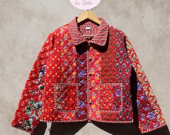 Handgemaakt gewatteerd patchworkjack, vintage kantha-kimono, boho bloemenjas