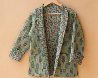 Indian Handmade Quilted Cotton Kantha Jacket Stylish Green Floral Women's Coat, Reversible Waistcoat for Her