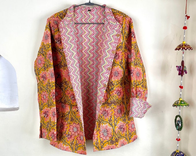 Indian Handmade Quilted Cotton Fabric Jacket Stylish Yellow & Peach