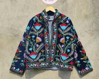 Giacca in velluto di cotone ricamata Suzani, giacca kimono fatta a mano in morbido tessuto TNT, cappotto da donna, giacca boho, regalo primaverile per lei