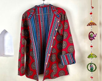 Indian Handmade Quilted Kantha Cotton Fabric Jacket Stylish Red Floral Women's Coat, Reversible Waistcoat for Her