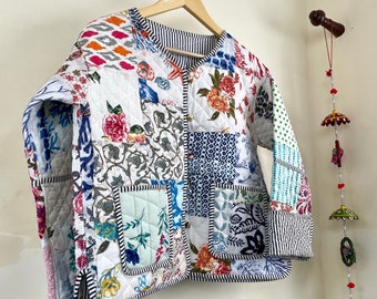 Handmade Reversible Kantha Quilted Jacket - Boho Patchwork Cotton Coat