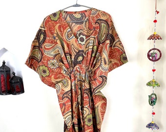 Orange Hand Printed Cotton Kaftan Dress, Bohemian Resort Wear