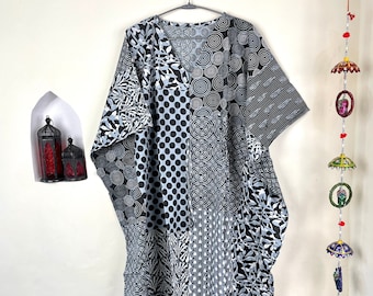 Grey & Black Handmade Cotton Kaftan Dress, Long Caftan, Beach cover up, Hand Block Print Women's Dress, Resort Wear, Sleepwear