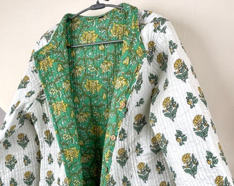 Indian Handmade Quilted Cotton Fabric Jacket Stylish White & Green Floral Women's Coat, Reversible Waistcoat for Her