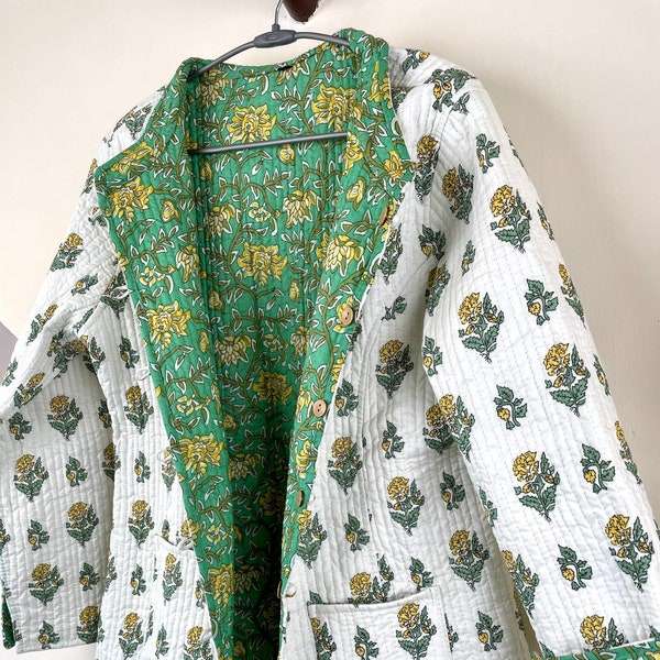 Indian Handmade Quilted Cotton Fabric Jacket Stylish White & Green Floral Women's Coat, Reversible Waistcoat for Her