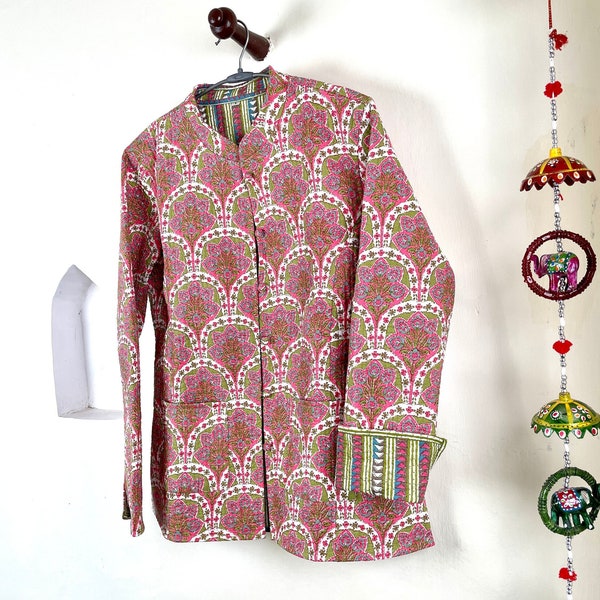 Indian Handmade Quilted Fabric Jacket Stylish Pink & Green Women's Coat, Reversible Jacket for Her
