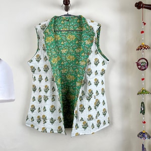 Indian Handmade Quilted Cotton Fabric Jacket Stylish White & Green Floral Women's Sleeveless Vest, Reversible Waistcoat for Her