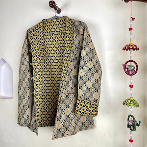 Cotton Handmade Kantha Jacket, Womens Clothing Quilted Reversible Coat, Kimono Indian Hand Printed Vintage Boho Vest Valentines Gift for Her