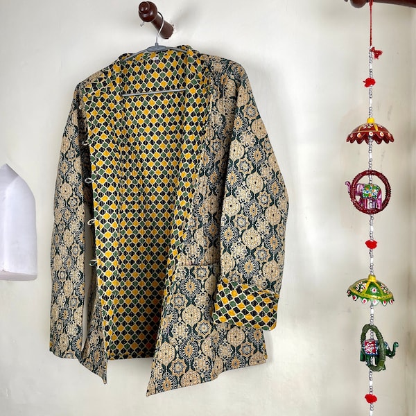 Indian Handmade Quilted Cotton Fabric Jacket Stylish Green & Yellow Women's Coat, Reversible Waistcoat for Her