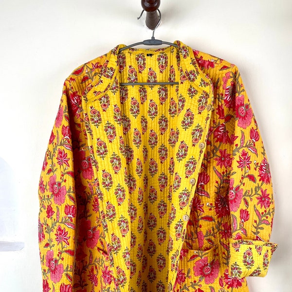 Indian Handmade Quilted Cotton Fabric Jacket Stylish Yellow & Pink Floral Women's Coat, Reversible Waistcoat for Her