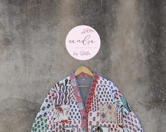 Hand Block Print Cotton Kantha Quilted Jacket, Boho Floral Coat