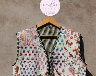 Handmade Cotton Quilted Vest, Vintage Indian Patchwork Kimono Gilet