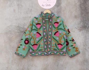 Handmade Suzani Embroidery Cotton Kimono Jacket, Boho Coat