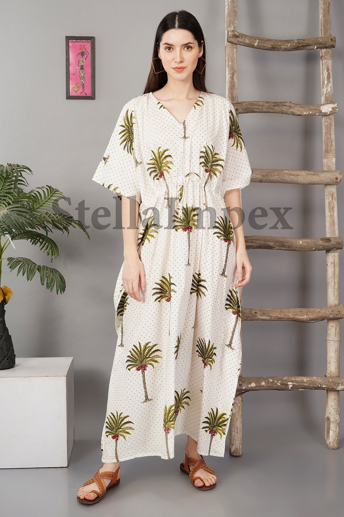 Indian Hand Block Printed Cotton Kaftan Classy White Long Caftan Resort Wear Beach Dress Boho Kaftan, Gift for Her