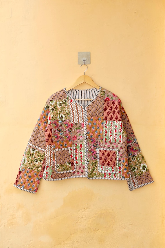 Handcrafted Cotton Kantha Jacket, Patchwork Quilted Reversible Coat, Boho Vest