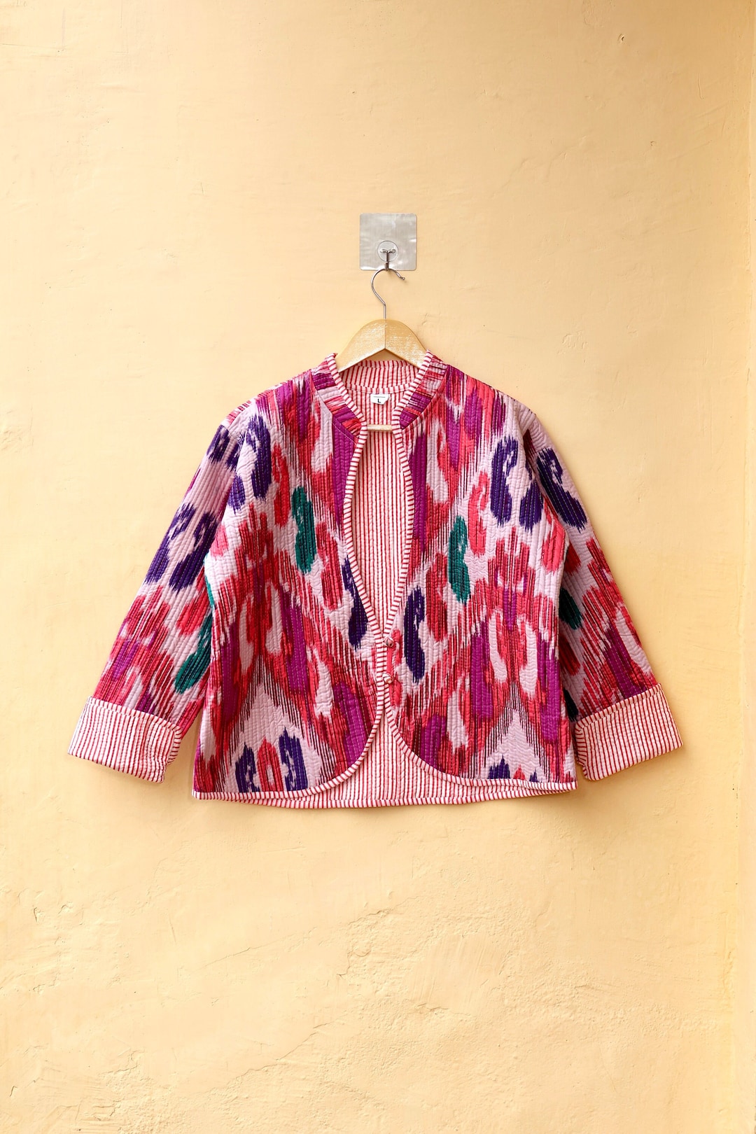 Kimono Réversible Court Indien Bohème - Manteau Kantha Fait Main Patchwork - Soie Et Coton - Style Hippie Décontracté